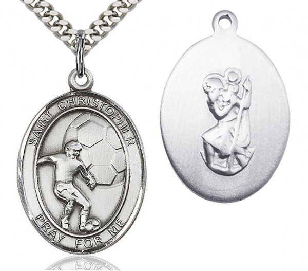 St. Christopher Soccer Medal, Sterling Silver, Large - 24" Sterling Silver Chain + Clasp