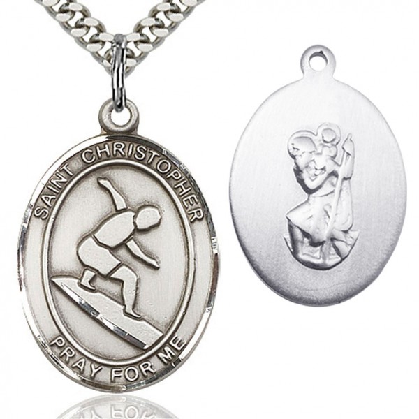 St. Christopher Surfing Medal, Sterling Silver, Large - 24" 2.4mm Rhodium Plate Endless Chain