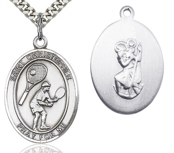 St. Christopher Tennis Medal, Sterling Silver, Large - 24" 2.4mm Rhodium Plate Endless Chain