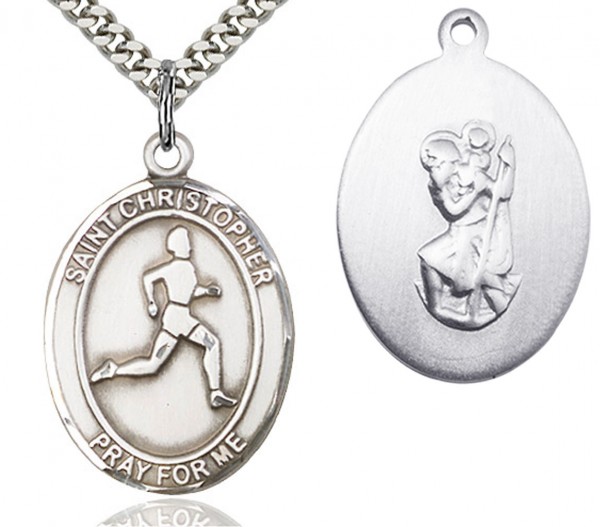 St. Christopher Track and Field Medal, Sterling Silver, Large - 24" 2.4mm Rhodium Plate Endless Chain