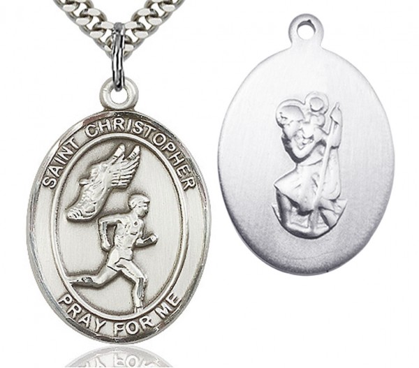 St. Christopher Track and Field Medal, Sterling Silver, Large - 24" 2.4mm Rhodium Plate Endless Chain