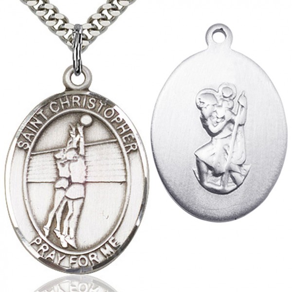 St. Christopher Volleyball Medal, Sterling Silver, Large - 24" 2.4mm Rhodium Plate Endless Chain