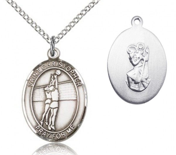 St. Christopher Volleyball Medal, Sterling Silver, Medium - 18" 1.2mm Sterling Silver Chain + Clasp