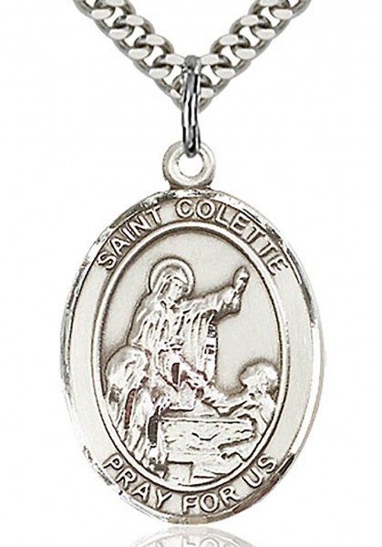 St. Colette Medal, Sterling Silver, Large - 24" 2.4mm Rhodium Plate Chain + Clasp