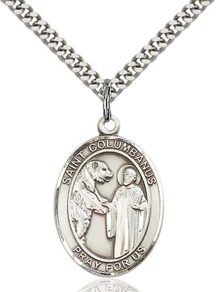 St. Columbanus Medal, Sterling Silver, Large - 24" 2.4mm Rhodium Plate Endless Chain