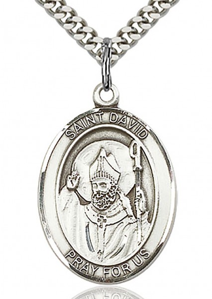 St. David of Wales Medal, Sterling Silver, Large - 24" 2.2mm Sterling Silver Chain + Clasp