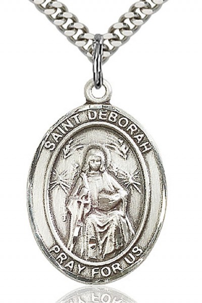 St. Deborah Medal, Sterling Silver, Large - 24" 2.4mm Rhodium Plate Chain + Clasp