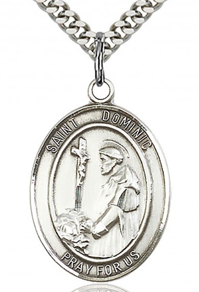 St. Dominic De Guzman Medal, Sterling Silver, Large - 24" 2.2mm Sterling Silver Chain + Clasp
