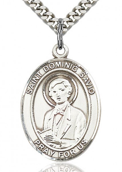 St. Dominic Savio Medal, Sterling Silver, Large - 24" Sterling Silver Chain + Clasp