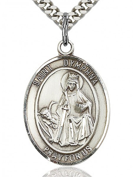 St. Dymphna Medal, Sterling Silver, Large - 24" 2.4mm Rhodium Plate Endless Chain