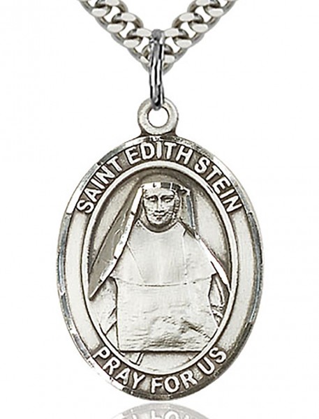 St. Edith Stein Medal, Sterling Silver, Large - 24" 2.4mm Rhodium Plate Endless Chain