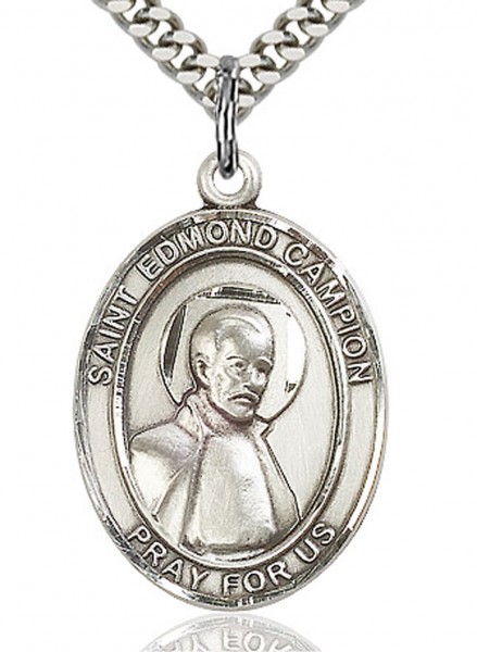 St. Edmund Campion Medal, Sterling Silver, Large - 24" 2.4mm Rhodium Plate Endless Chain