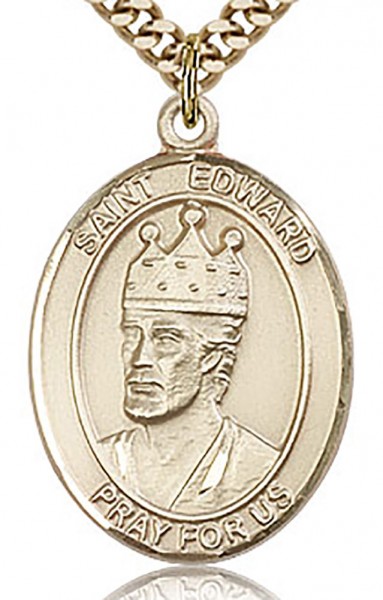 St. Edward the Confessor Medal, Gold Filled, Large - 24" 2.4mm Gold Plated Chain + Clasp