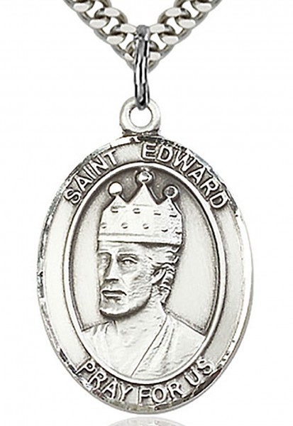 St. Edward the Confessor Medal, Sterling Silver, Large - 24" 2.4mm Rhodium Plate Endless Chain