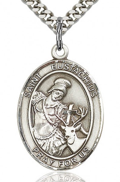 St. Eustachius Medal, Sterling Silver, Large - 24" 2.4mm Rhodium Plate Chain + Clasp