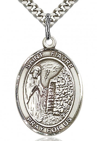St. Fiacre Medal, Sterling Silver, Large - 24" 2.4mm Rhodium Plate Chain + Clasp