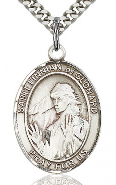 St. Finnian of Clonard Medal, Sterling Silver, Large - 24" 2.4mm Rhodium Plate Chain + Clasp