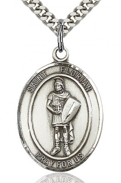St. Florian Medal, Sterling Silver, Large - 24" 2.2mm Sterling Silver Chain + Clasp