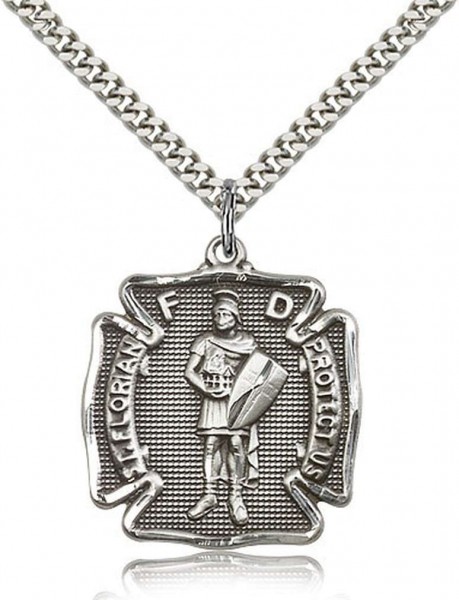 St. Florian Medal, Sterling Silver - 27" 2.4mm Rhodium Plated Endless Chain