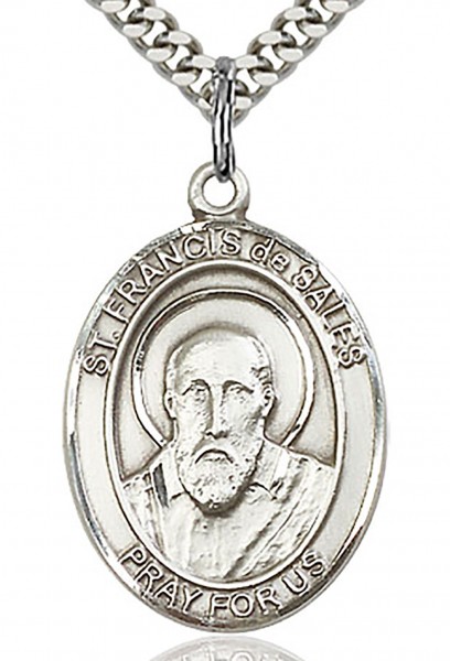 St. Francis De Sales Medal, Sterling Silver, Large - 24" 2.4mm Rhodium Plate Endless Chain