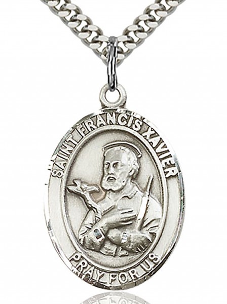 St. Francis Xavier Medal, Sterling Silver, Large - 24" 2.4mm Rhodium Plate Chain + Clasp