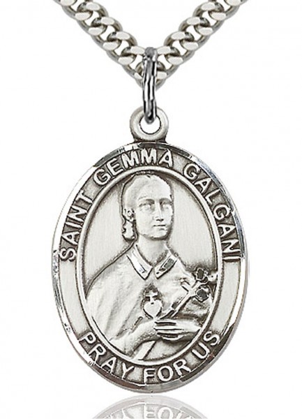 St. Gemma Galgani Medal, Sterling Silver, Large - 24" 2.4mm Rhodium Plate Chain + Clasp