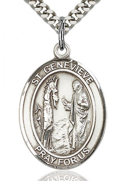 St. Genevieve Medal, Sterling Silver, Large - 24" 2.2mm Sterling Silver Chain + Clasp