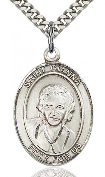 St. Gianna Medal, Sterling Silver, Large - 24" 2.4mm Rhodium Plate Endless Chain
