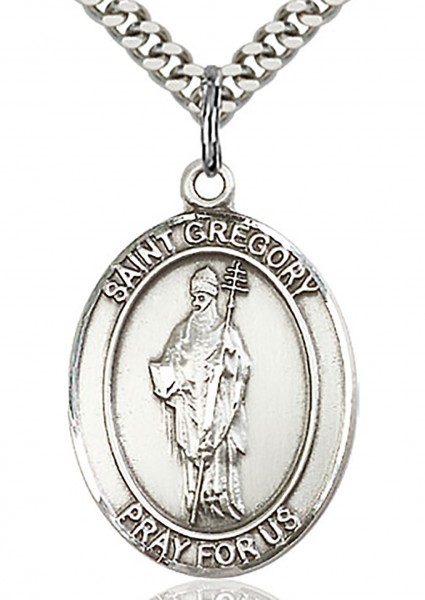 St. Gregory the Great Medal, Sterling Silver, Large - 24" 2.4mm Rhodium Plate Endless Chain