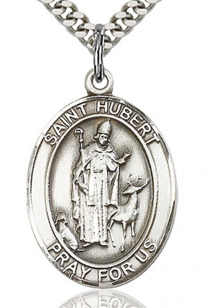 St. Hubert of Liege Medal, Sterling Silver, Large - 24" 2.2mm Sterling Silver Chain + Clasp