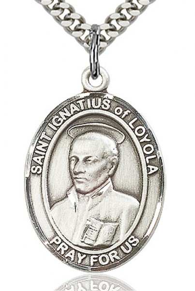 St. Ignatius of Loyola Medal, Sterling Silver, Large - 24" 2.4mm Rhodium Plate Endless Chain