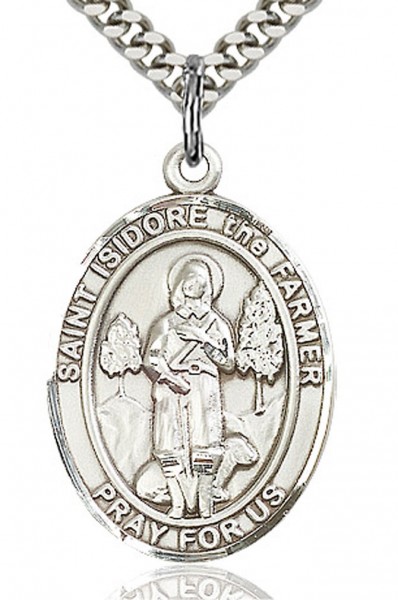 St. Isidore the Farmer Medal, Sterling Silver, Large - 24" 2.4mm Rhodium Plate Endless Chain