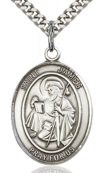 St. James the Greater Medal, Sterling Silver, Large - 24" 2.4mm Rhodium Plate Endless Chain