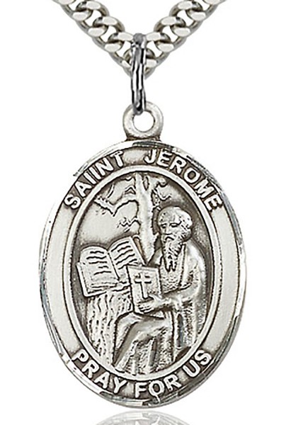 St. Jerome Medal, Sterling Silver, Large - 24" 2.4mm Rhodium Plate Chain + Clasp