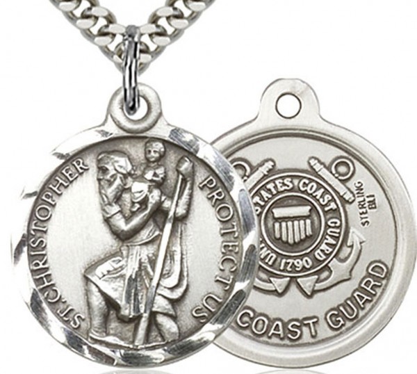 St. Joan of Arc  Coast Guard Medal, Sterling Silver - 24" 2.4mm Rhodium Plate Chain + Clasp