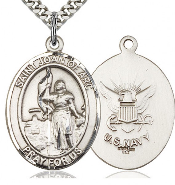 St. Joan of Arc Navy Medal, Sterling Silver, Large - 24" 2.4mm Rhodium Plate Endless Chain