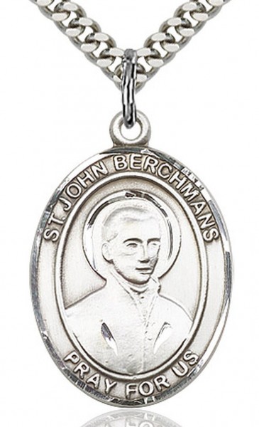 St. John Berchmans Medal, Sterling Silver, Large - 24" 2.4mm Rhodium Plate Chain + Clasp
