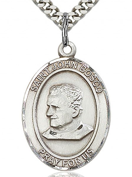 St. John Bosco Medal, Sterling Silver, Large - 24" 2.4mm Rhodium Plate Chain + Clasp