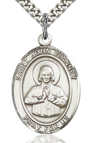 St. John Vianney Medal, Sterling Silver, Large - 24" Sterling Silver Chain + Clasp