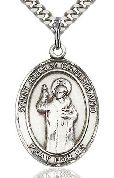 St. John of Capistrano Medal, Sterling Silver, Large - 24" 2.4mm Rhodium Plate Chain + Clasp