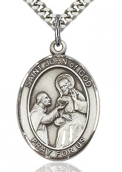 St. John of God Medal, Sterling Silver, Large - 24" 2.4mm Rhodium Plate Endless Chain