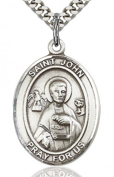 St. John the Apostle Medal, Sterling Silver, Large - 24" 2.4mm Rhodium Plate Chain + Clasp