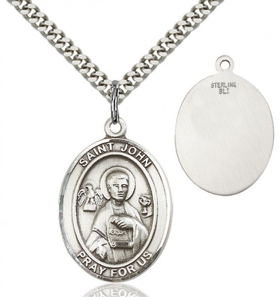 St. John the Apostle Medal, Sterling Silver, Medium - 18" Lite Rhodium Plate Chain + Clasp