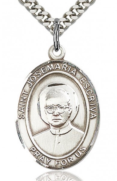St. Josemaria Escriva Medal, Sterling Silver, Large - 24" 2.4mm Rhodium Plate Endless Chain