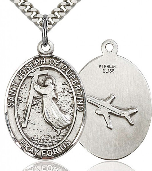 St. Joseph of Cupertino Medal, Sterling Silver, Large - 24" 2.2mm Sterling Silver Chain + Clasp