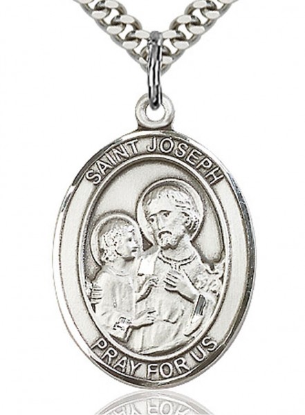 St. Joseph Medal, Sterling Silver, Large - 24" 2.4mm Rhodium Plate Chain + Clasp