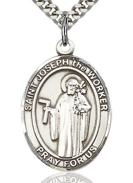 St. Joseph the Worker Medal, Sterling Silver, Large - 24" 2.4mm Rhodium Plate Endless Chain