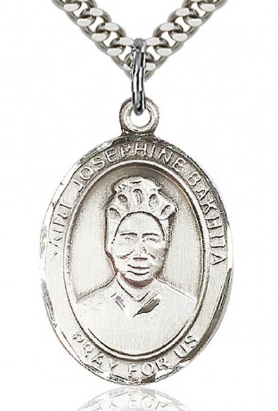 St. Josephine Bakhita Medal, Sterling Silver, Large - 24" 2.4mm Rhodium Plate Chain + Clasp