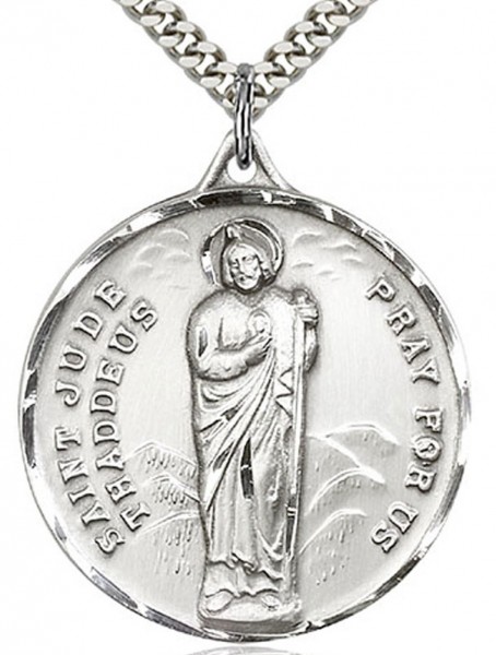 Large Men's Sterling Silver Saint Jude Medal - 24" 2.4mm Rhodium Plate Chain + Clasp