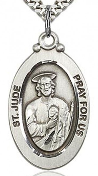 St. Jude Medal, Sterling Silver - 24" 2.4mm Rhodium Plate Chain + Clasp